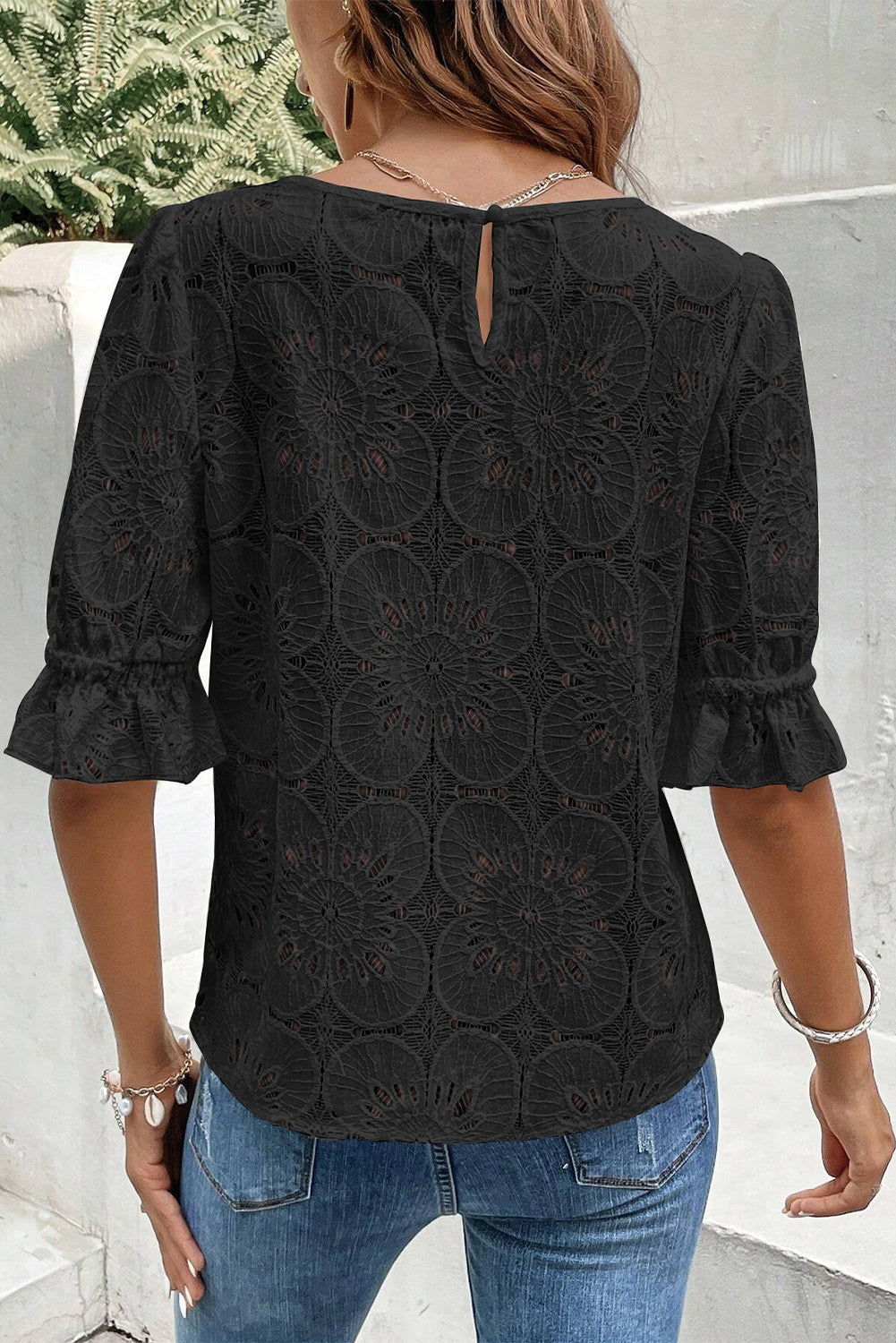 White Flower Eyelet Jacquard Keyhole Puff Sleeve Blouse