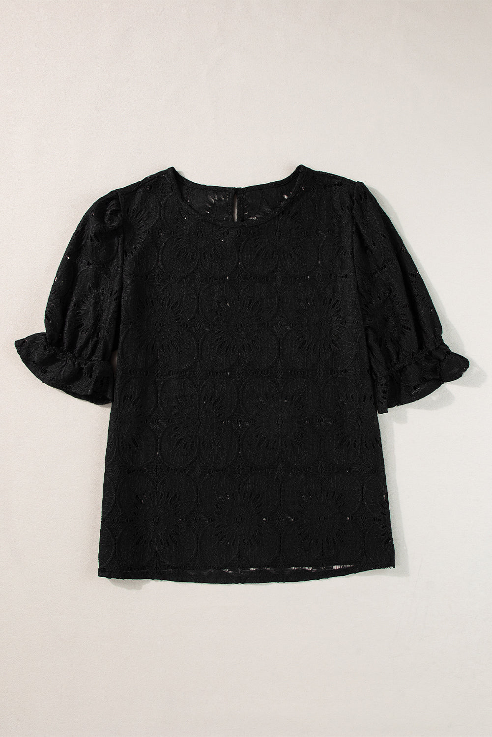 White Flower Eyelet Jacquard Keyhole Puff Sleeve Blouse