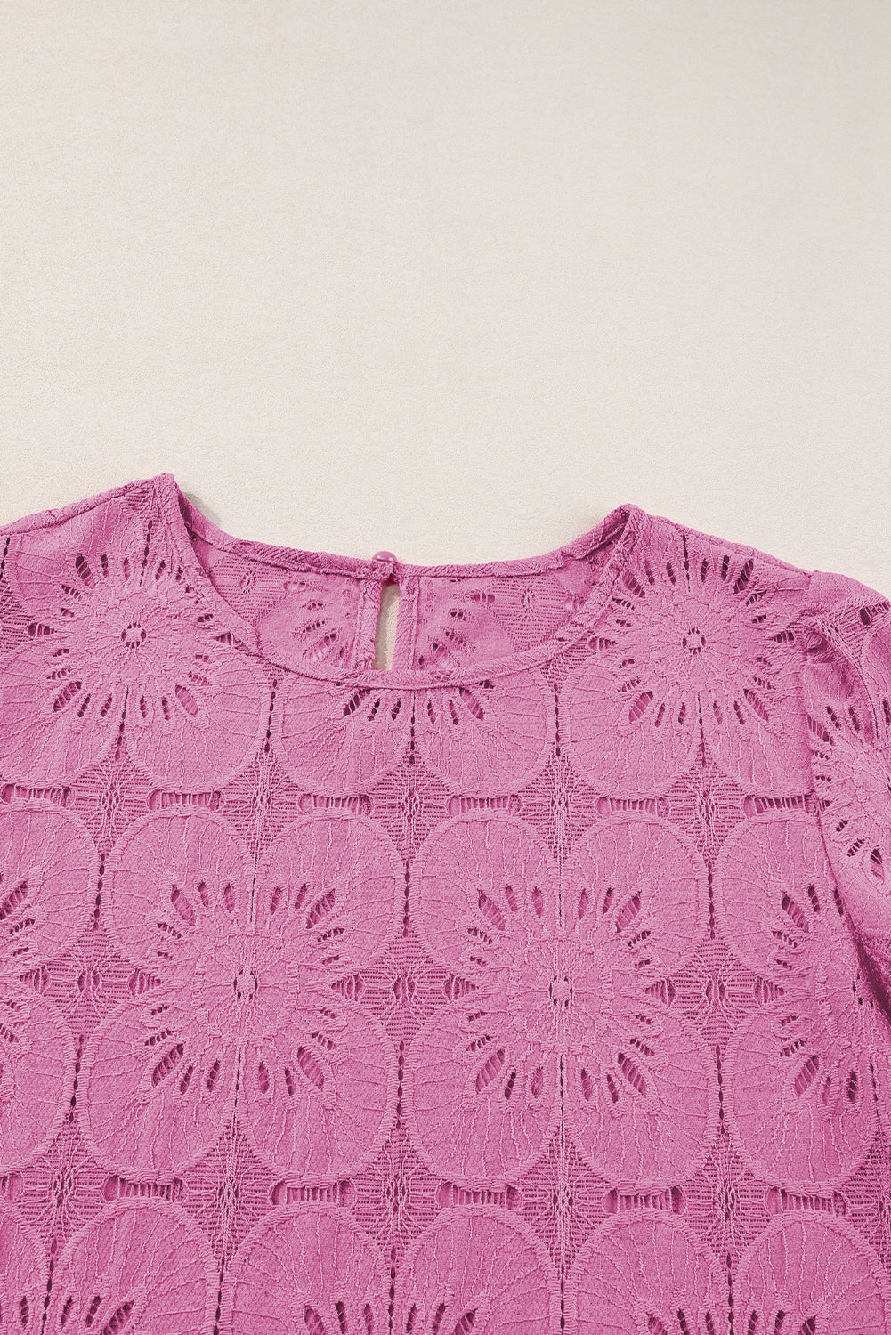 White Flower Eyelet Jacquard Keyhole Puff Sleeve Blouse