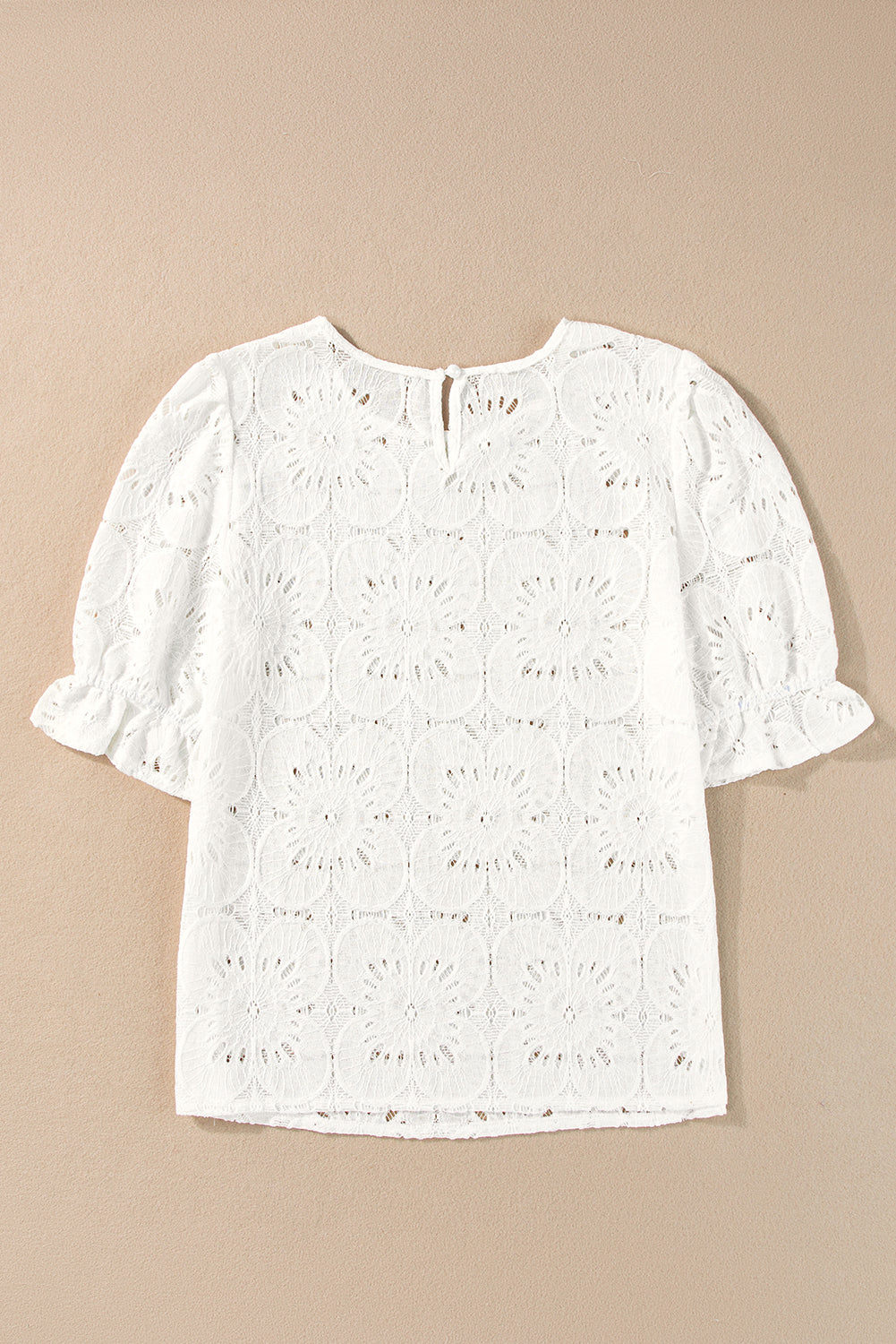 White Flower Eyelet Jacquard Keyhole Puff Sleeve Blouse