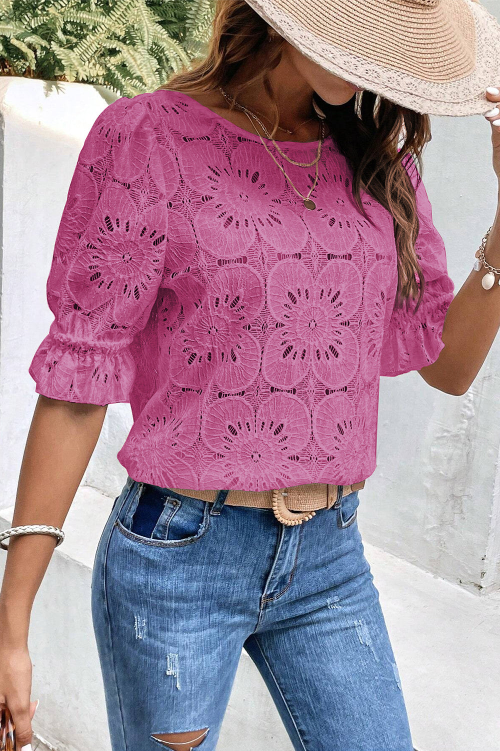 White Flower Eyelet Jacquard Keyhole Puff Sleeve Blouse
