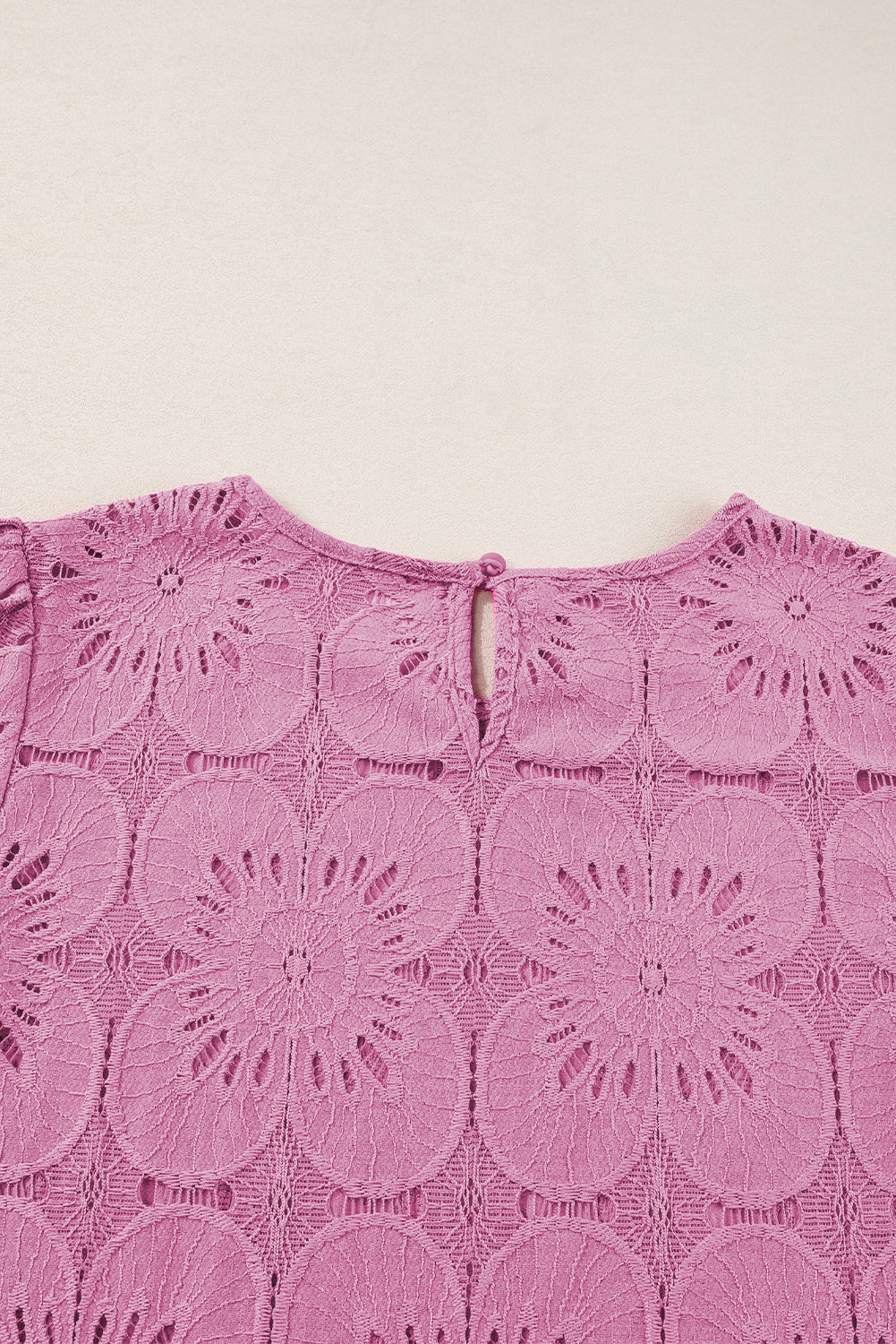White Flower Eyelet Jacquard Keyhole Puff Sleeve Blouse