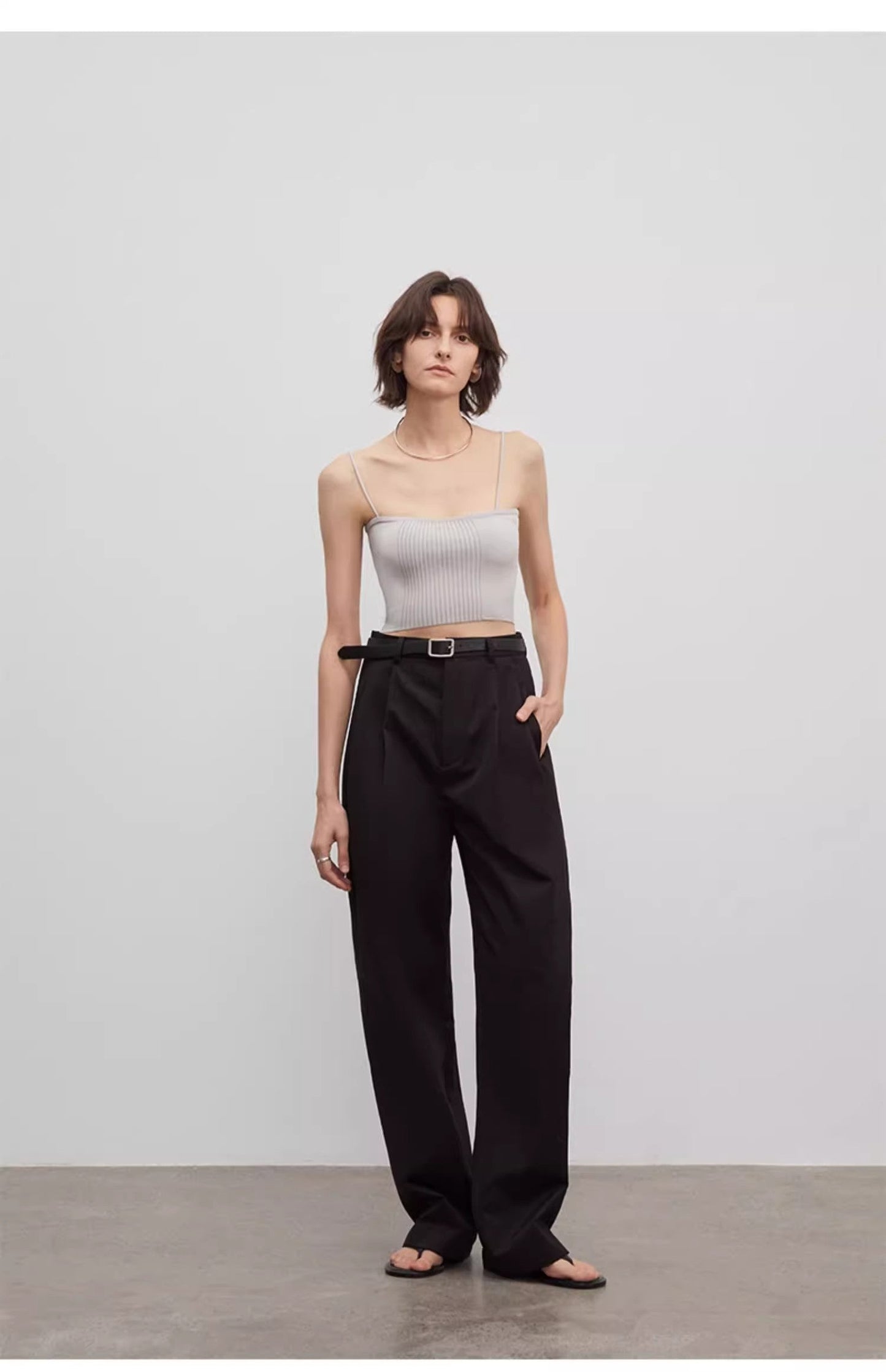 Spliced Double-Pleat Wide-Leg Trousers Straight-Leg Trousers for Women
