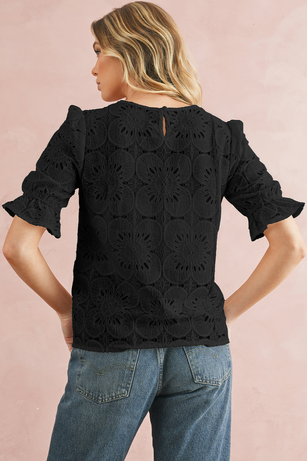 White Flower Eyelet Jacquard Keyhole Puff Sleeve Blouse