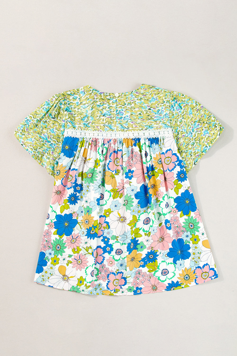 Green Bubble Sleeve Lace Trim Mixed Floral Blouse