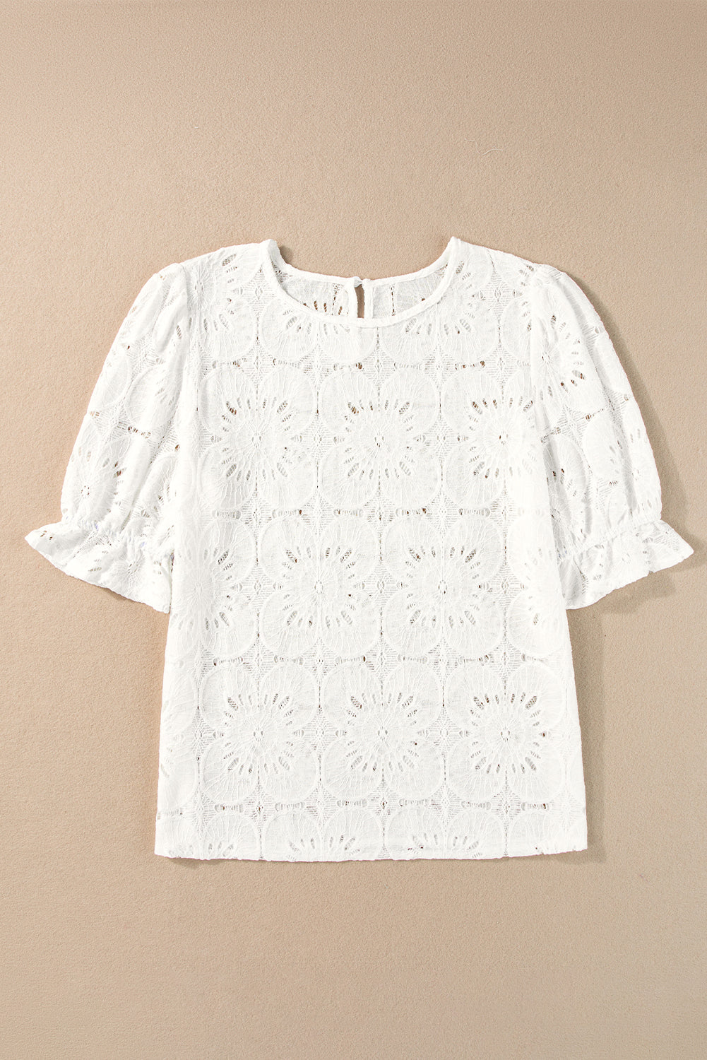 White Flower Eyelet Jacquard Keyhole Puff Sleeve Blouse
