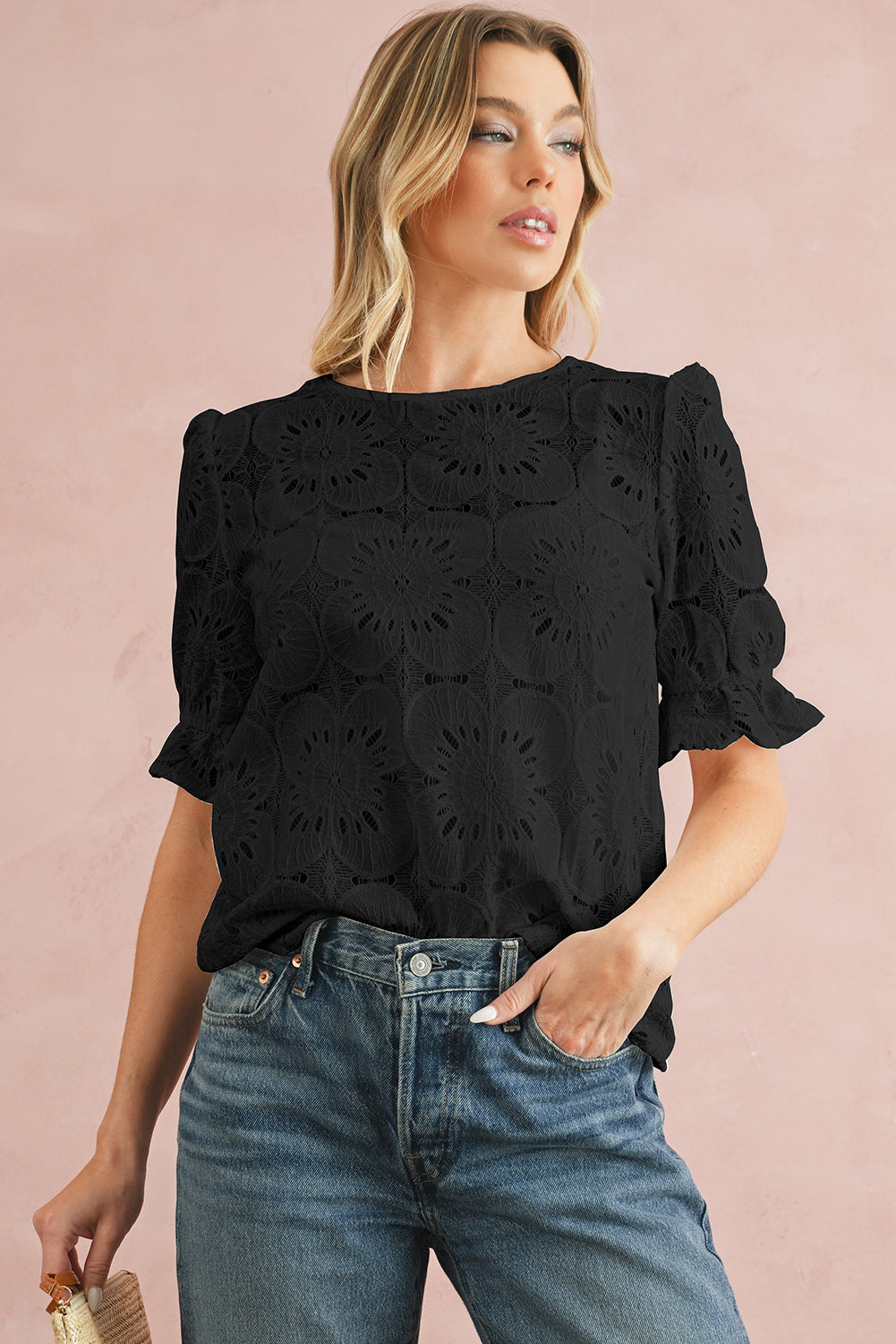 White Flower Eyelet Jacquard Keyhole Puff Sleeve Blouse