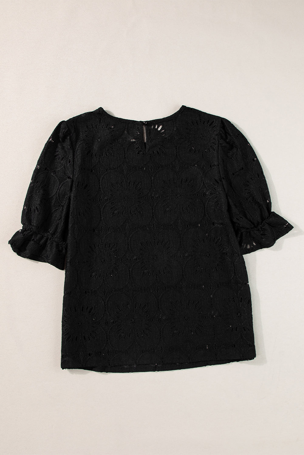 White Flower Eyelet Jacquard Keyhole Puff Sleeve Blouse
