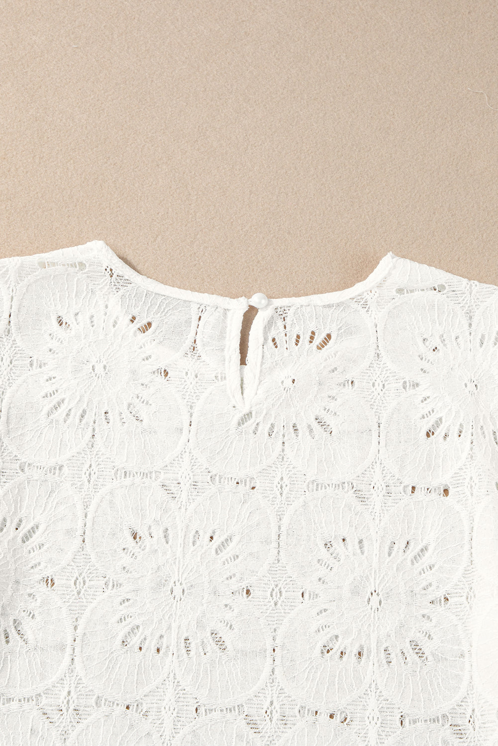 White Flower Eyelet Jacquard Keyhole Puff Sleeve Blouse