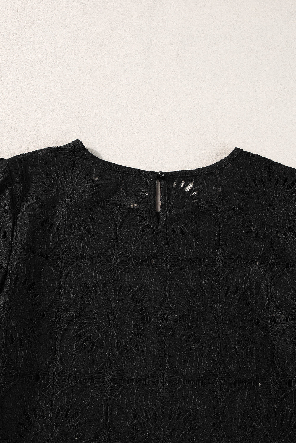 White Flower Eyelet Jacquard Keyhole Puff Sleeve Blouse