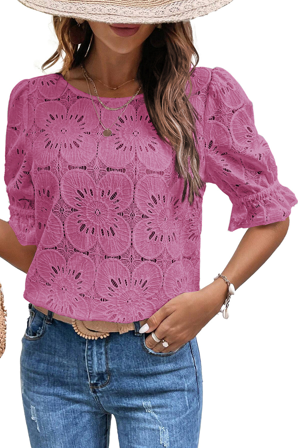 White Flower Eyelet Jacquard Keyhole Puff Sleeve Blouse