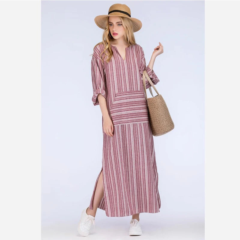Cotton Linen Dress Kaftan Long Sleeve Striped Women Long Maxi Boho Dresses