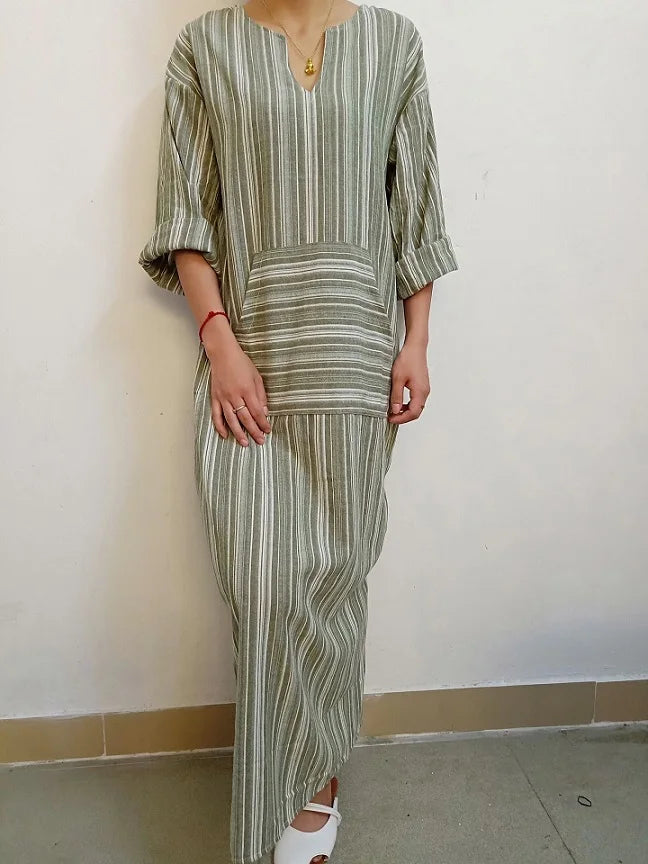 Cotton Linen Dress Kaftan Long Sleeve Striped Women Long Maxi Boho Dresses