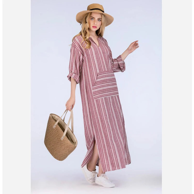 Cotton Linen Dress Kaftan Long Sleeve Striped Women Long Maxi Boho Dresses