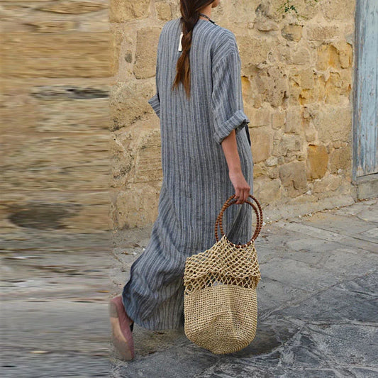 Cotton Linen Dress Kaftan Long Sleeve Striped Women Long Maxi Boho Dresses