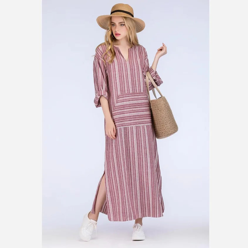 Cotton Linen Dress Kaftan Long Sleeve Striped Women Long Maxi Boho Dresses