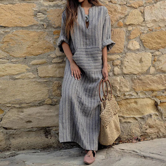 Cotton Linen Dress Kaftan Long Sleeve Striped Women Long Maxi Boho Dresses