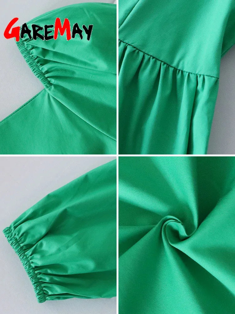 100% Cotton Casual Dresses Short Sleeve Ruffle A-Line Mini Green Dress