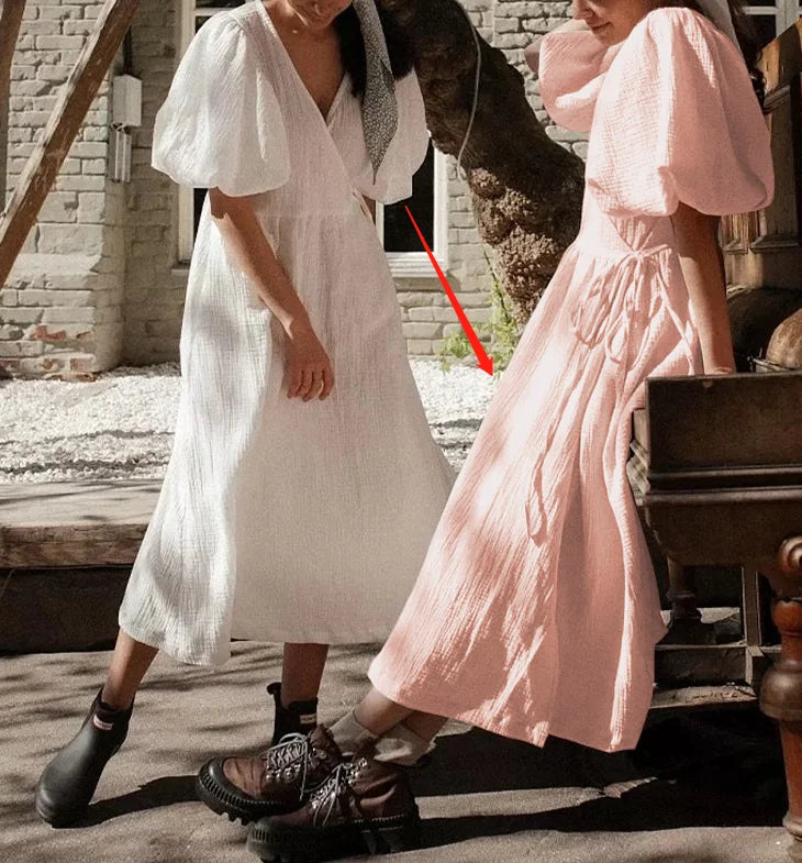 Vintage 100% Cotton Retro Crepe Gauze V-Neck Puff Sleeve Long Maxi Robe