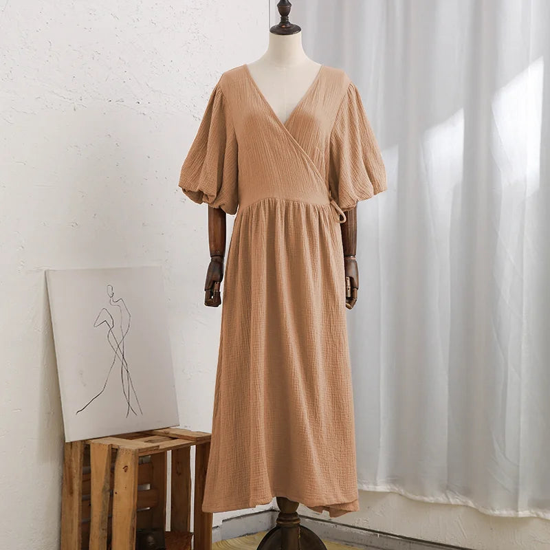 Vintage 100% Cotton Retro Crepe Gauze V-Neck Puff Sleeve Long Maxi Robe