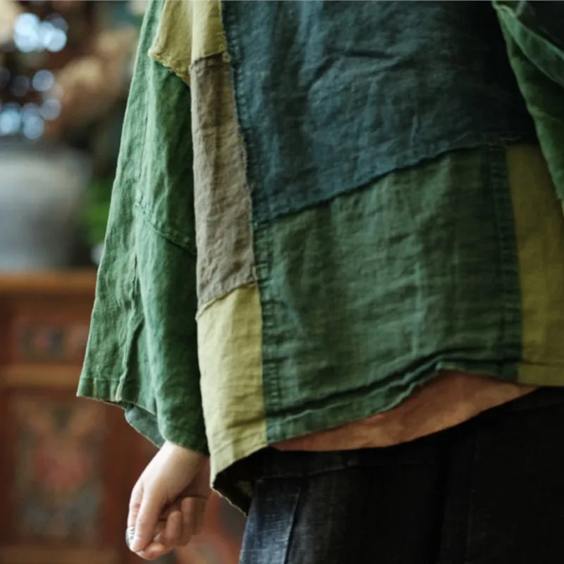 Patchwork Green Shirt Chinese Style Long Cotton Linen Blouse