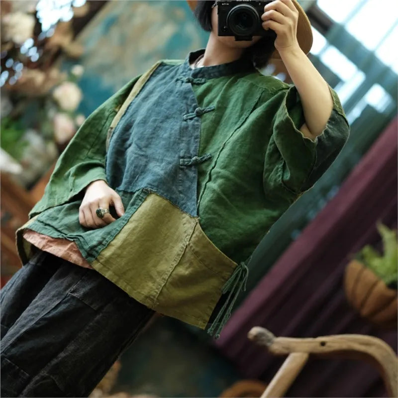 Patchwork Green Shirt Chinese Style Long Cotton Linen Blouse