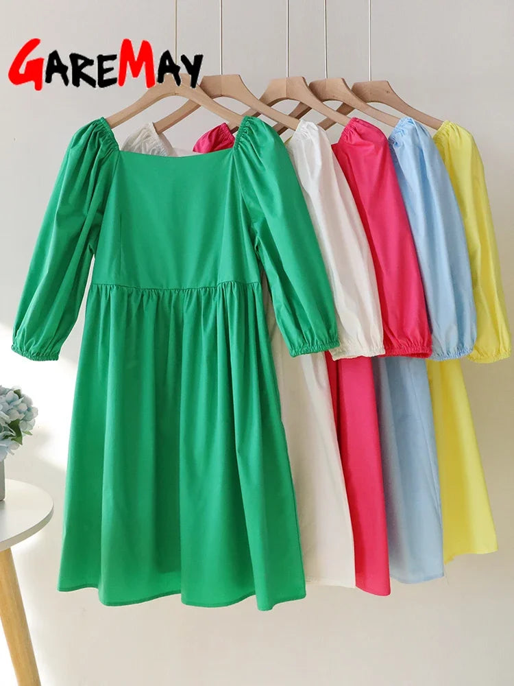 100% Cotton Casual Dresses Short Sleeve Ruffle A-Line Mini Green Dress