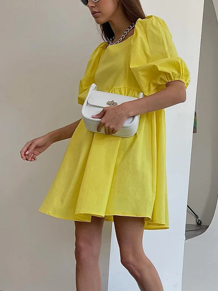 100% Cotton Casual Dresses Short Sleeve Ruffle A-Line Mini Green Dress