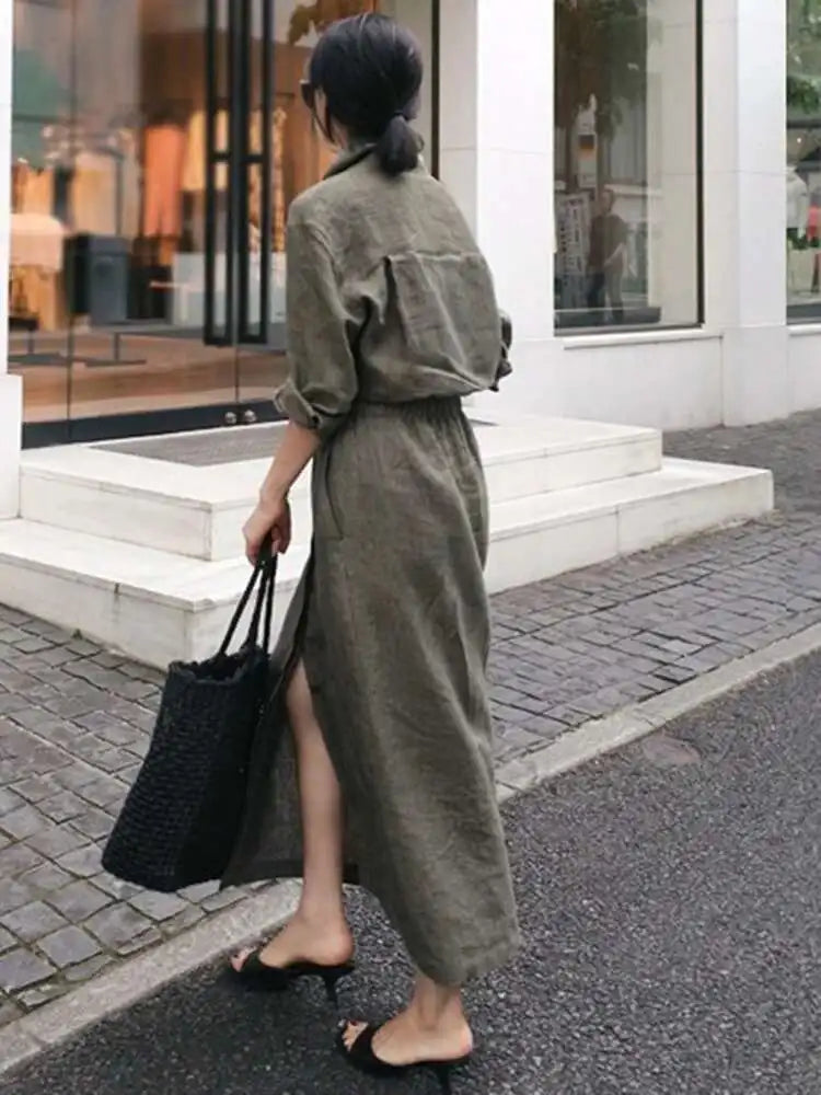 Solid Color Lapel Long Sleeve Drawstring Cotton and Linen Loose