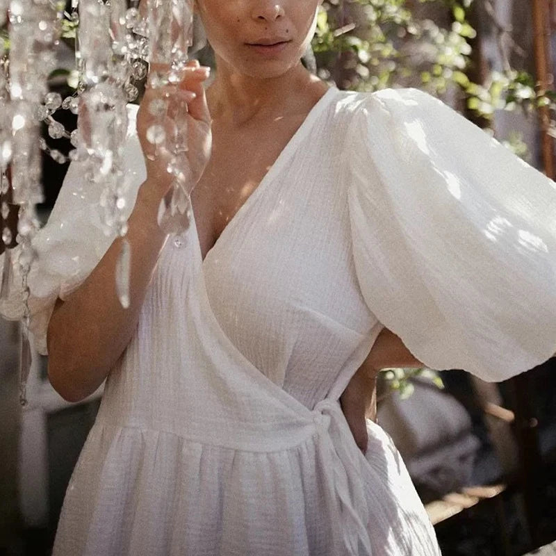 Vintage 100% Cotton Retro Crepe Gauze V-Neck Puff Sleeve Long Maxi Robe
