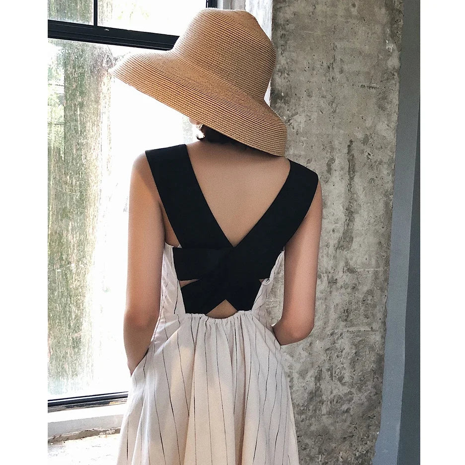 Cotton and Linen High Waist Swing Vintage Pocket Cross Back Party Casual