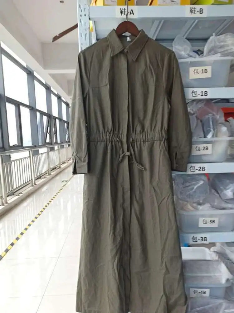 Solid Color Lapel Long Sleeve Drawstring Cotton and Linen Loose