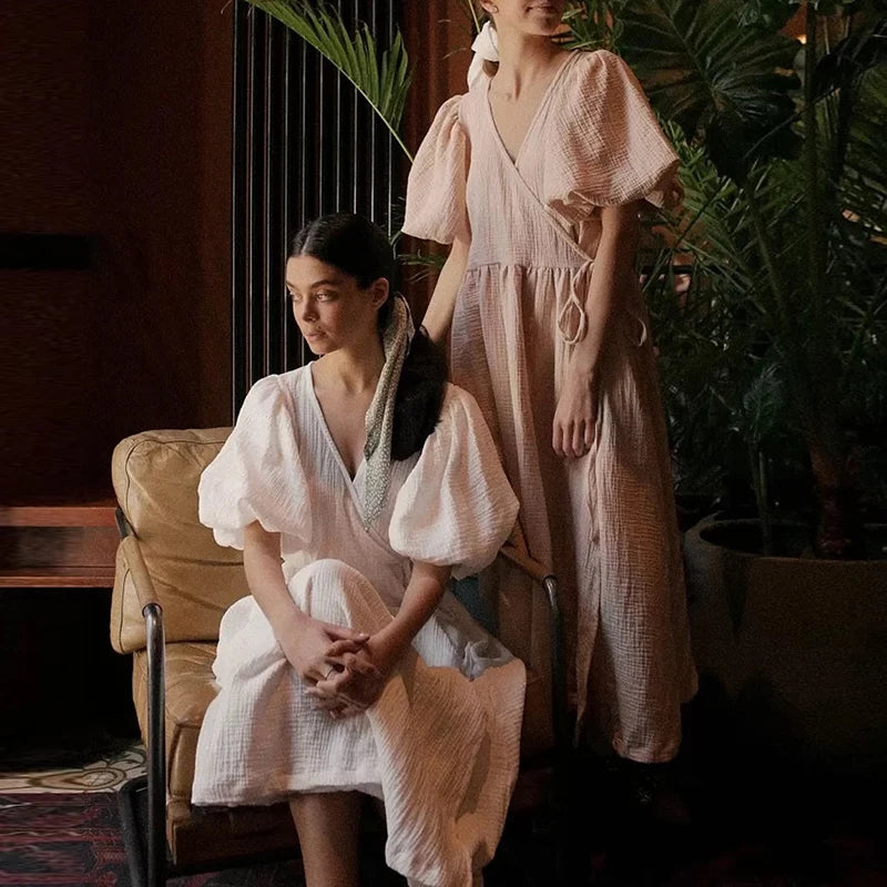 Vintage 100% Cotton Retro Crepe Gauze V-Neck Puff Sleeve Long Maxi Robe