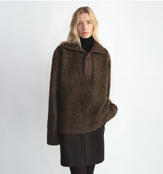 Alpaca Wool Blended Bouclé Yarn Spliced POLO Shirt Lazy and Relaxed Sweater