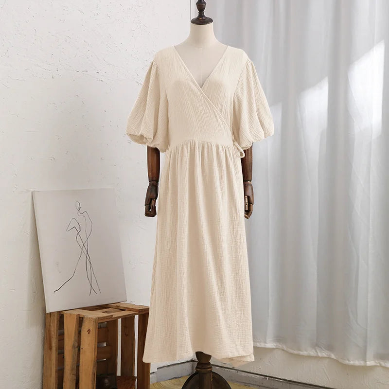Vintage 100% Cotton Retro Crepe Gauze V-Neck Puff Sleeve Long Maxi Robe