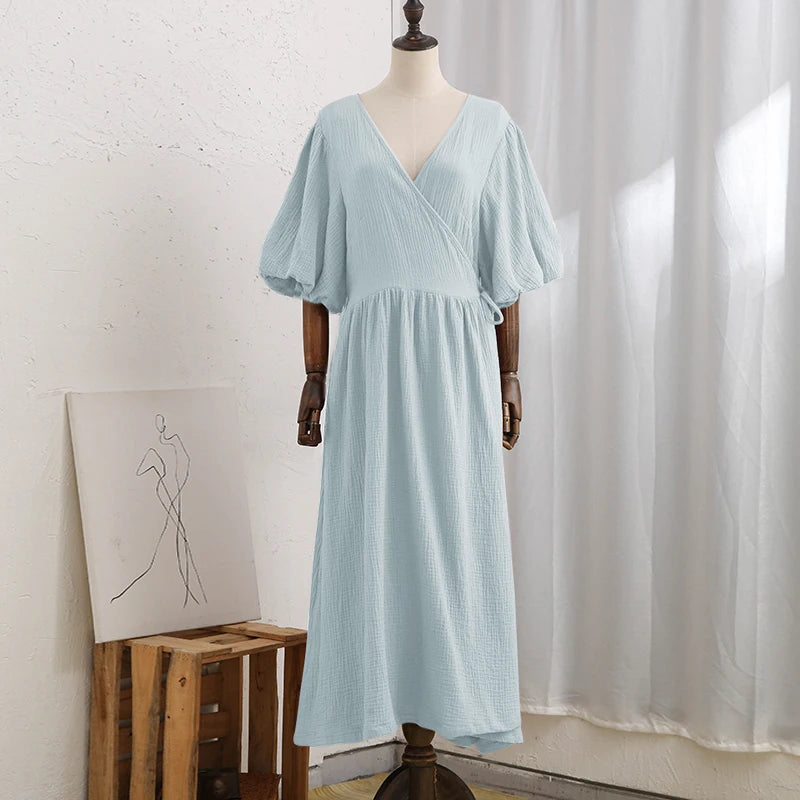 Vintage 100% Cotton Retro Crepe Gauze V-Neck Puff Sleeve Long Maxi Robe