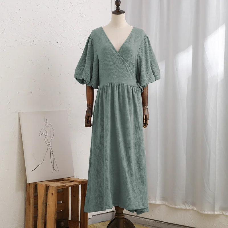 Vintage 100% Cotton Retro Crepe Gauze V-Neck Puff Sleeve Long Maxi Robe