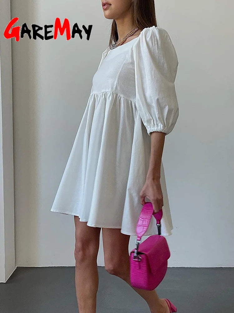 100% Cotton Casual Dresses Short Sleeve Ruffle A-Line Mini Green Dress