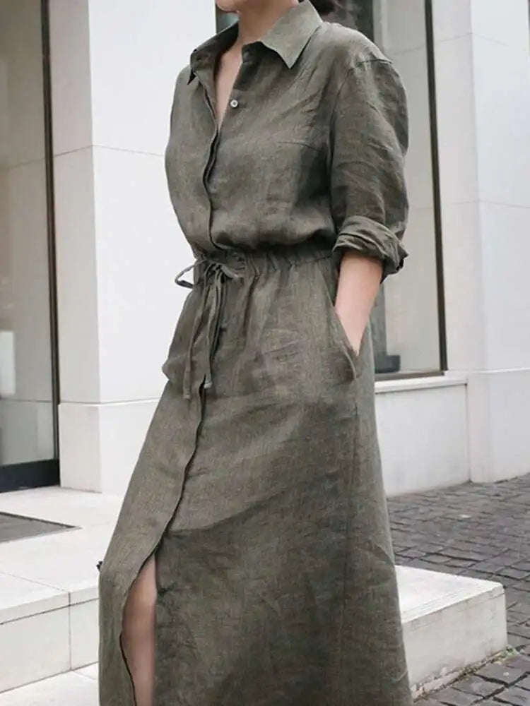 Solid Color Lapel Long Sleeve Drawstring Cotton and Linen Loose