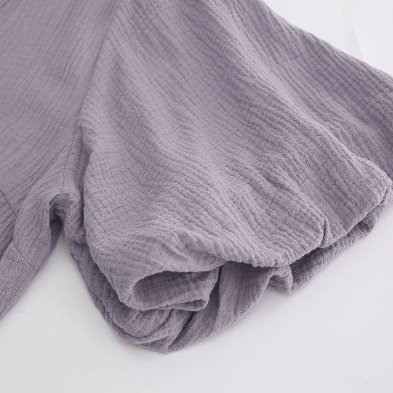 Vintage 100% Cotton Retro Crepe Gauze V-Neck Puff Sleeve Long Maxi Robe