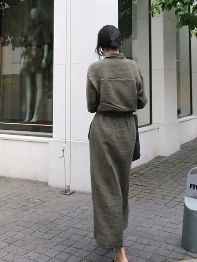 Solid Color Lapel Long Sleeve Drawstring Cotton and Linen Loose