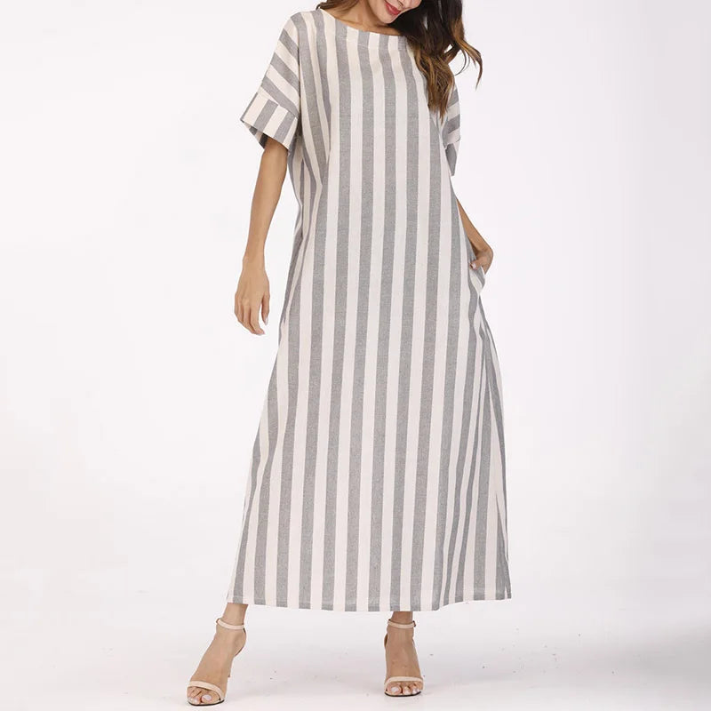 Cotton Linen Dress Kaftan Long Sleeve Striped Women Long Maxi Boho Dresses