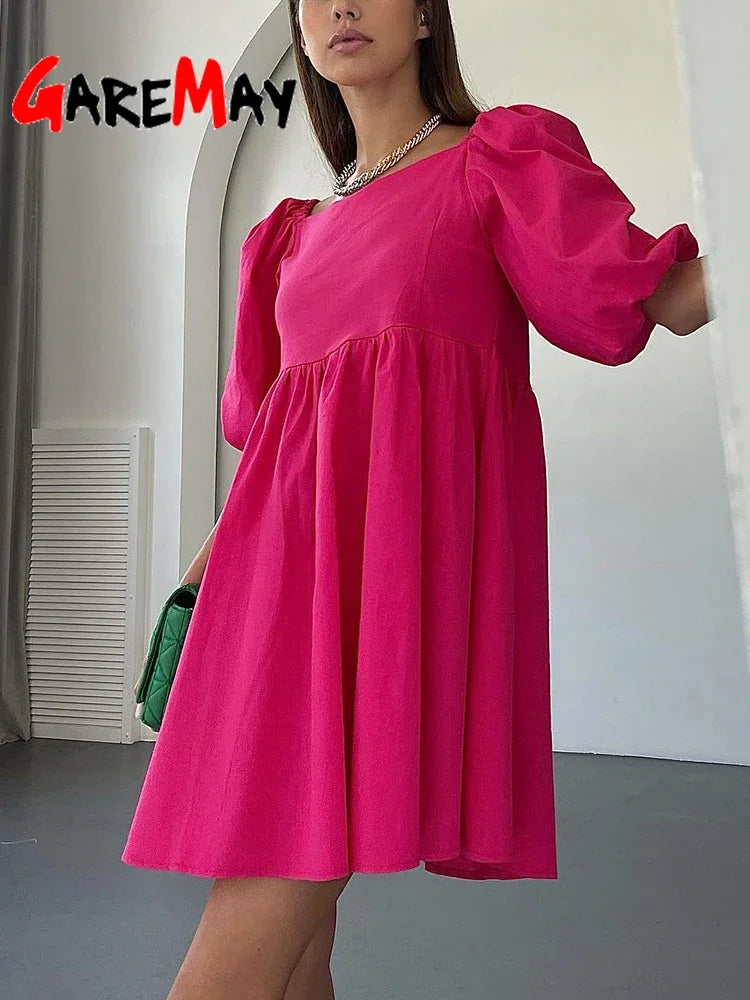 100% Cotton Casual Dresses Short Sleeve Ruffle A-Line Mini Green Dress
