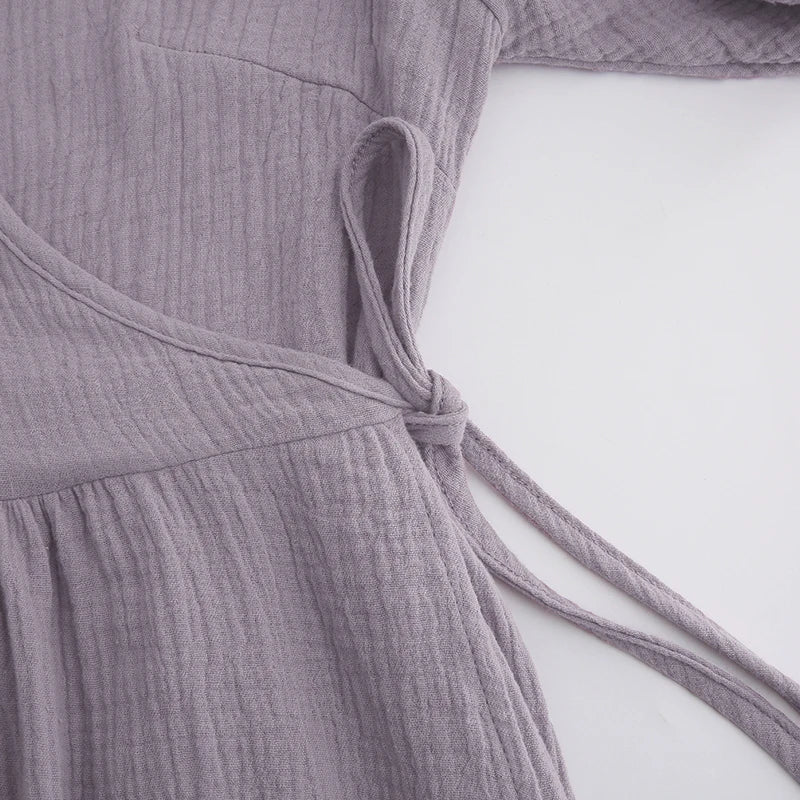 Vintage 100% Cotton Retro Crepe Gauze V-Neck Puff Sleeve Long Maxi Robe