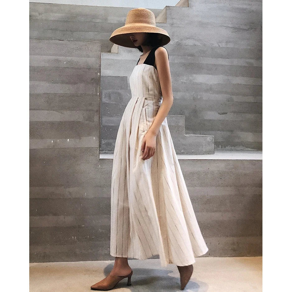 Cotton and Linen High Waist Swing Vintage Pocket Cross Back Party Casual
