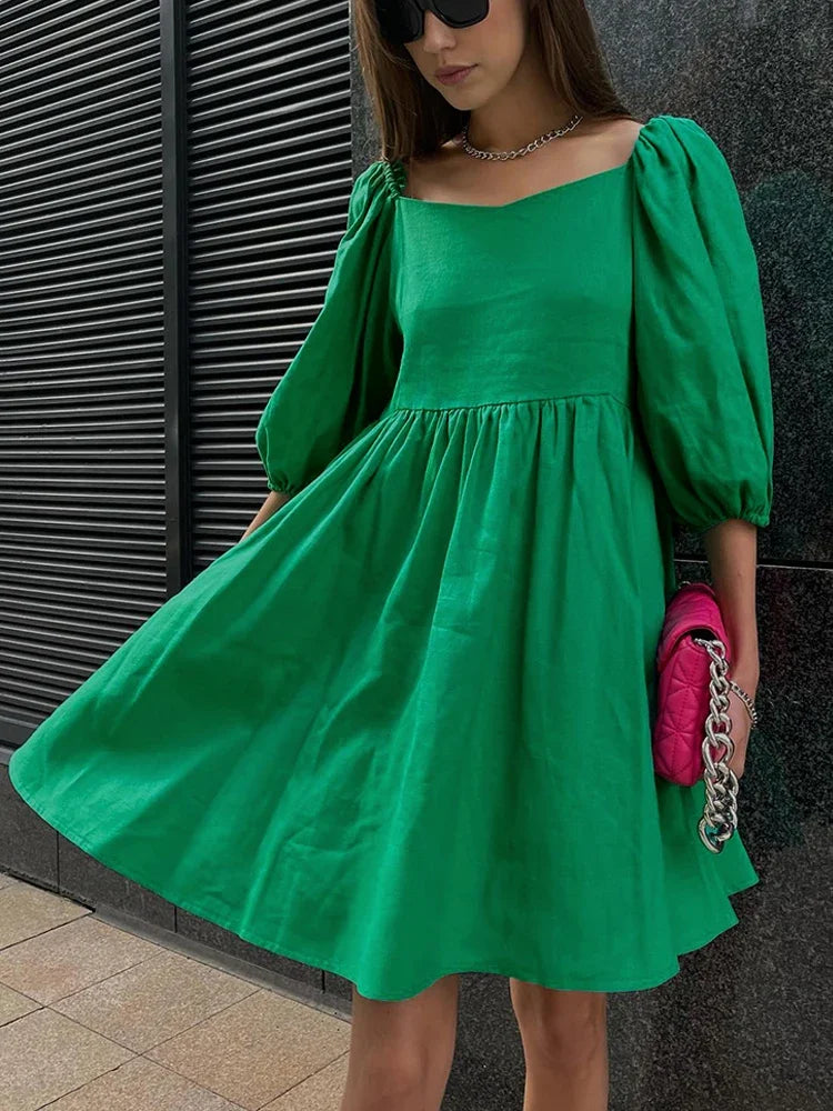 100% Cotton Casual Dresses Short Sleeve Ruffle A-Line Mini Green Dress