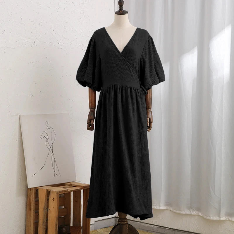 Vintage 100% Cotton Retro Crepe Gauze V-Neck Puff Sleeve Long Maxi Robe