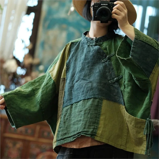 Patchwork Green Shirt Chinese Style Long Cotton Linen Blouse