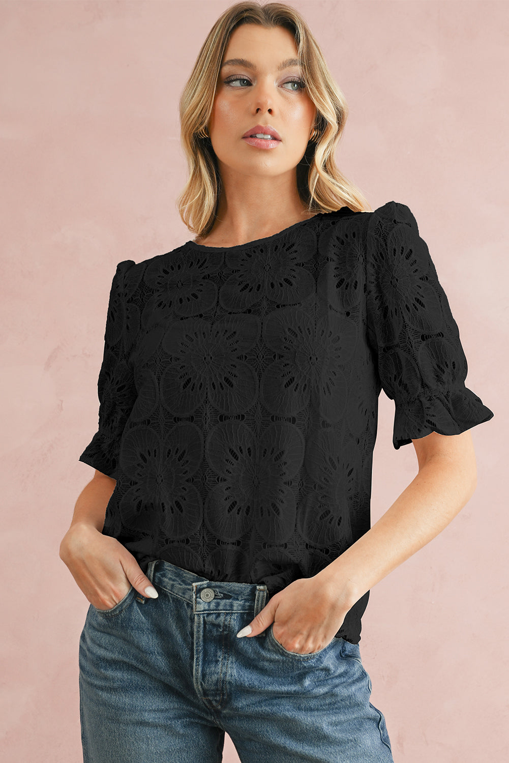 White Flower Eyelet Jacquard Keyhole Puff Sleeve Blouse