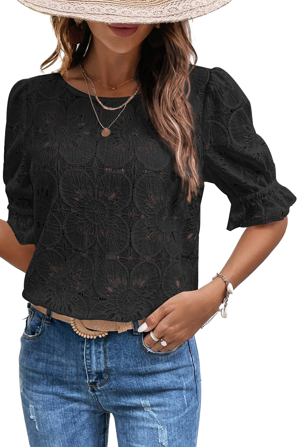 White Flower Eyelet Jacquard Keyhole Puff Sleeve Blouse